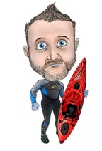 caricature of a man wearing a wet suit and holding a surfboard