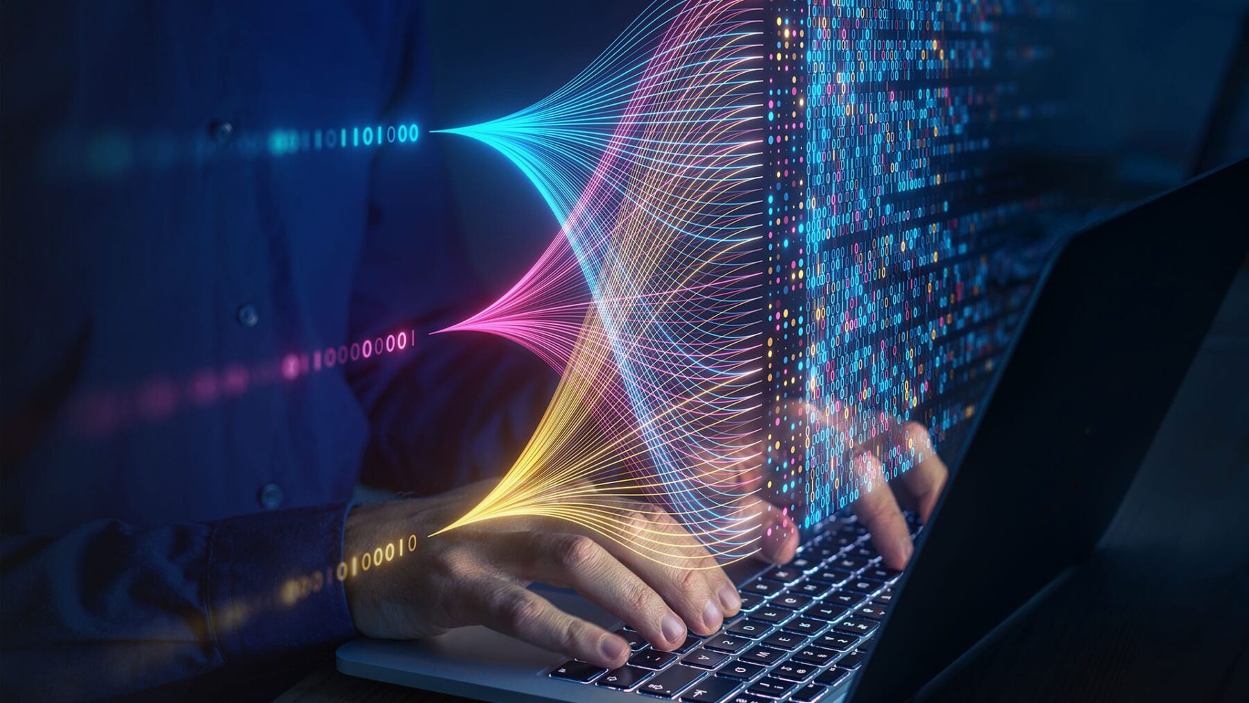A person with a laptop, overlaid with binary data