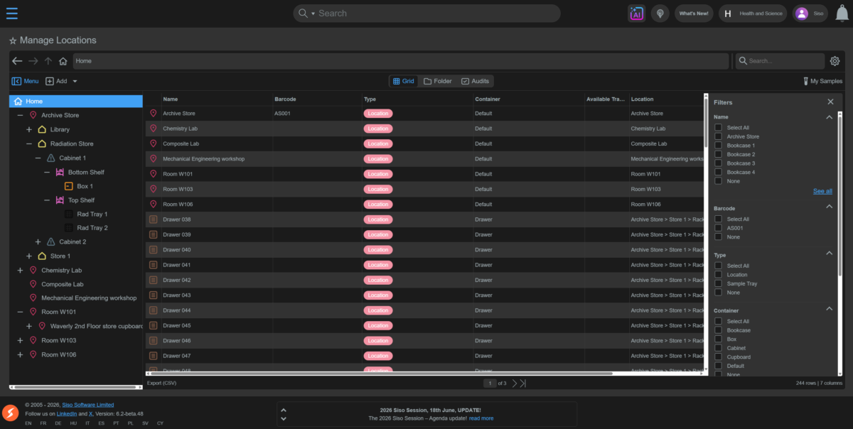 Locations page screen shot