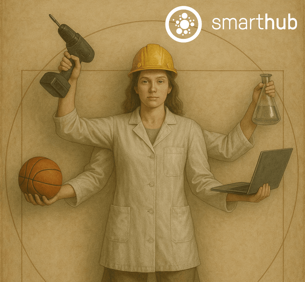 A Technician set out as vitruvian man with lots of different assets