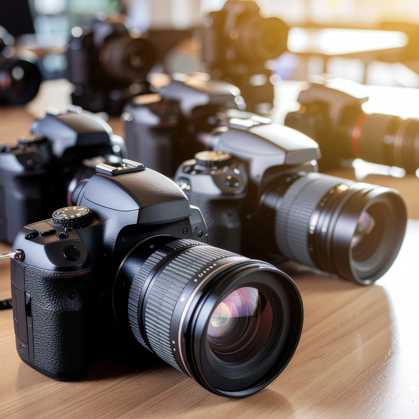 A close up photograph of a clutter of modern, digital moving image cameras